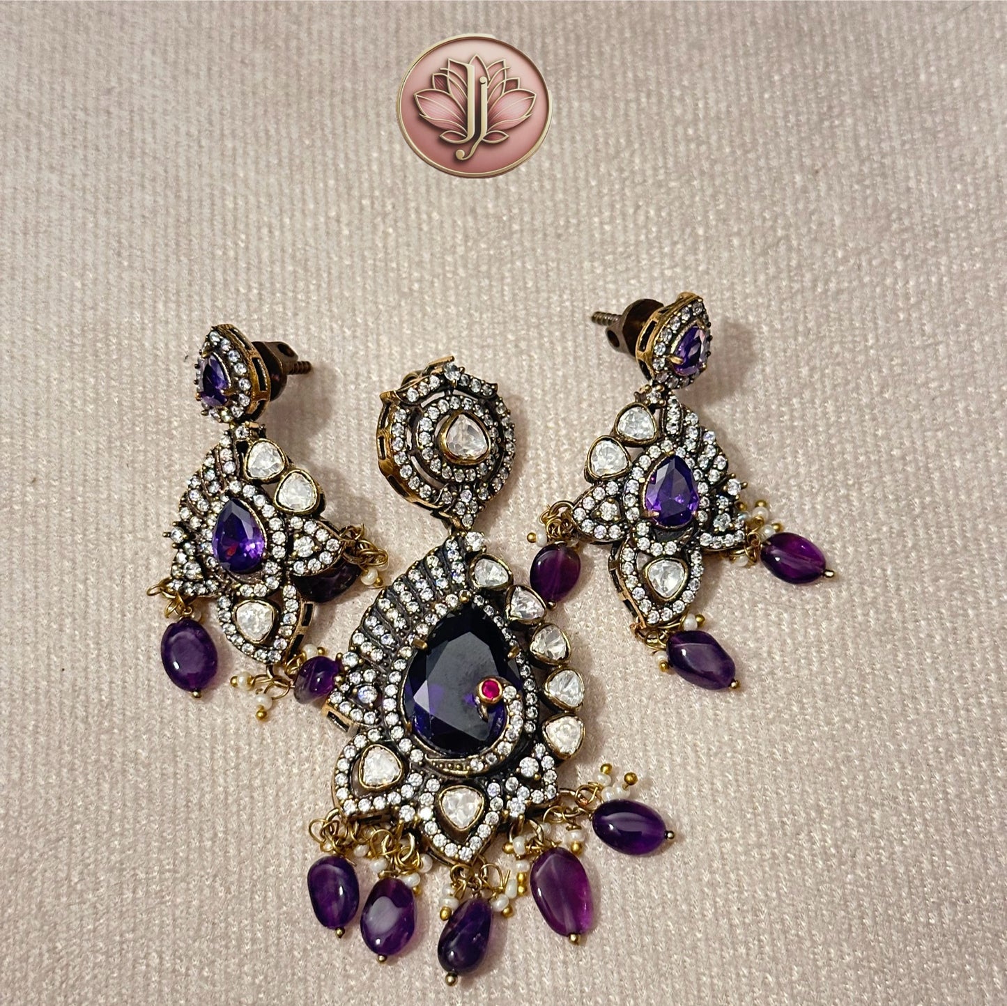 Victorian Amethyst Polki Pendant Set