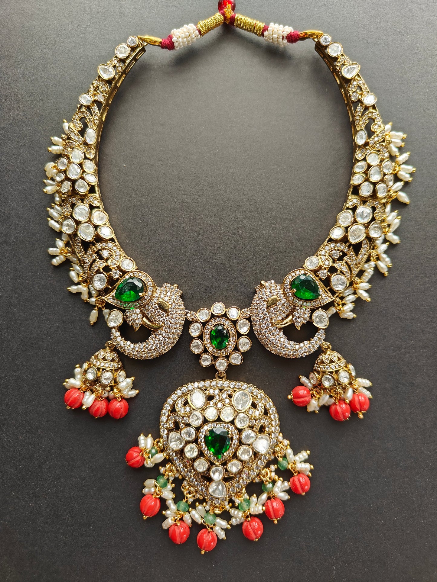 Premium Ethnic Moissanite & Coral Kante Necklace Set with Earrings