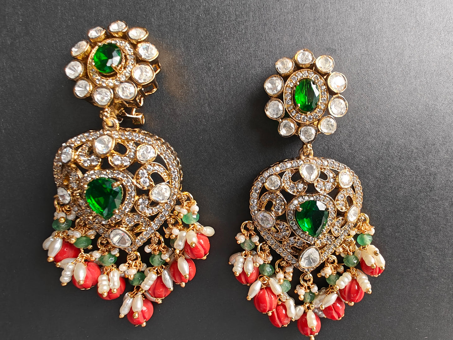 Premium Ethnic Moissanite & Coral Kante Necklace Set with Earrings