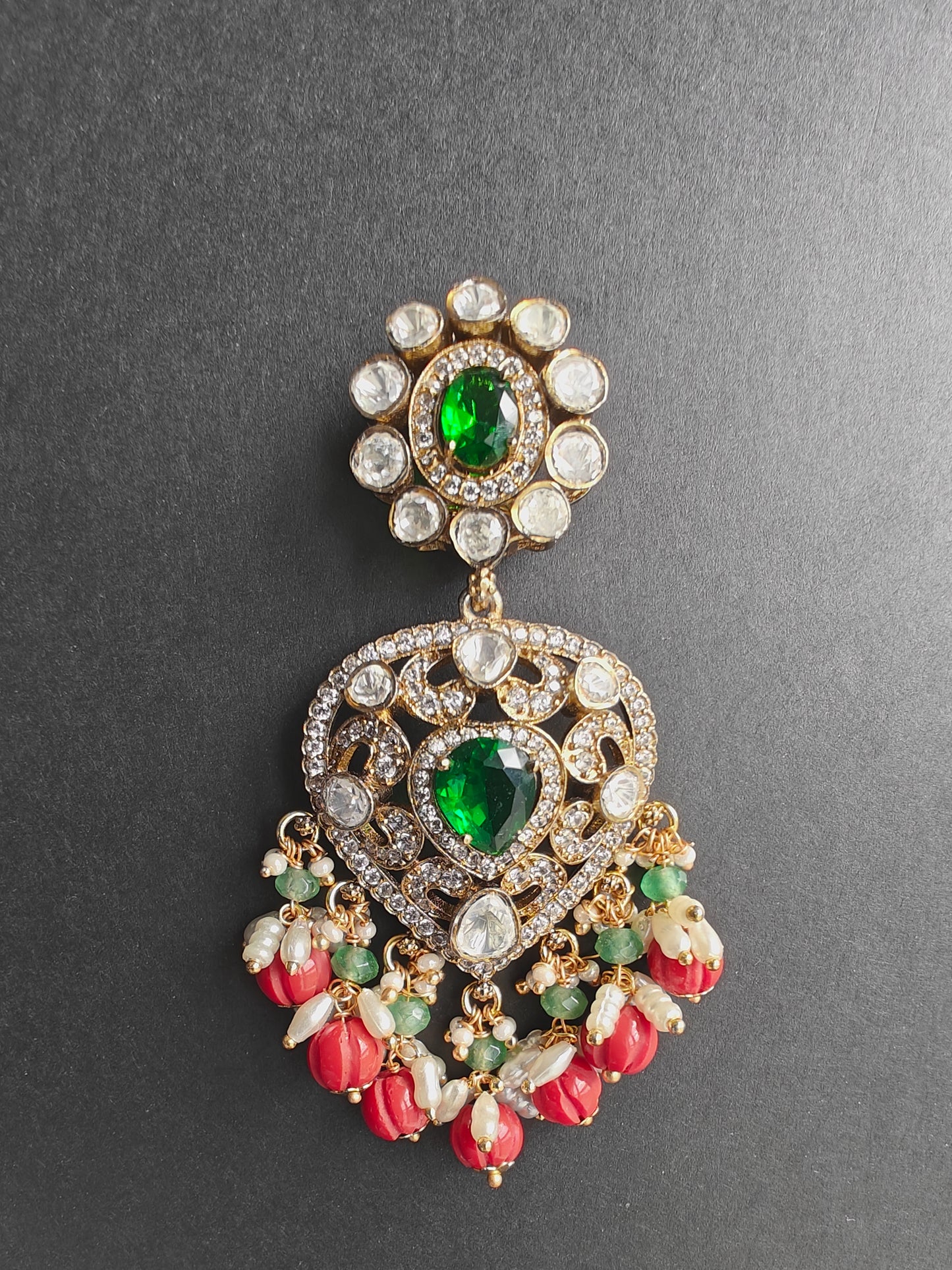 Premium Ethnic Moissanite & Coral Kante Necklace Set with Earrings