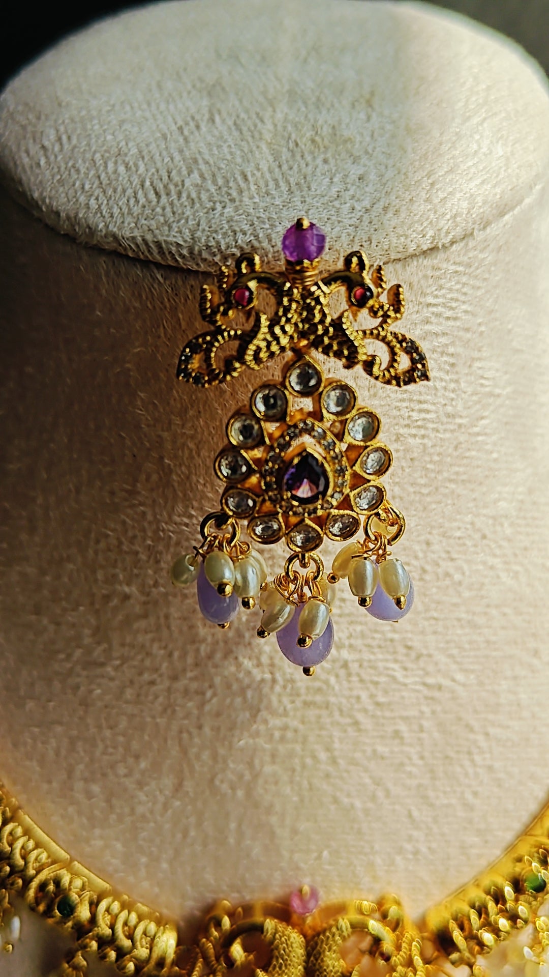 CZ Kante with Purple Stones, White Stones & Pearls – With Earrings