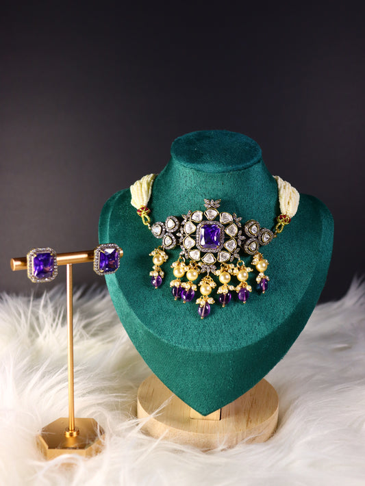 CZ Amethyst Polki Choker Set with Pearls & Purple Stones