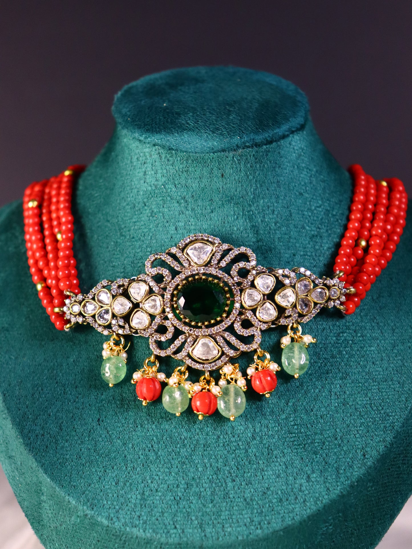 Coral and Emerald Polki Choker Set