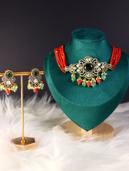 Coral and Emerald Polki Choker Set