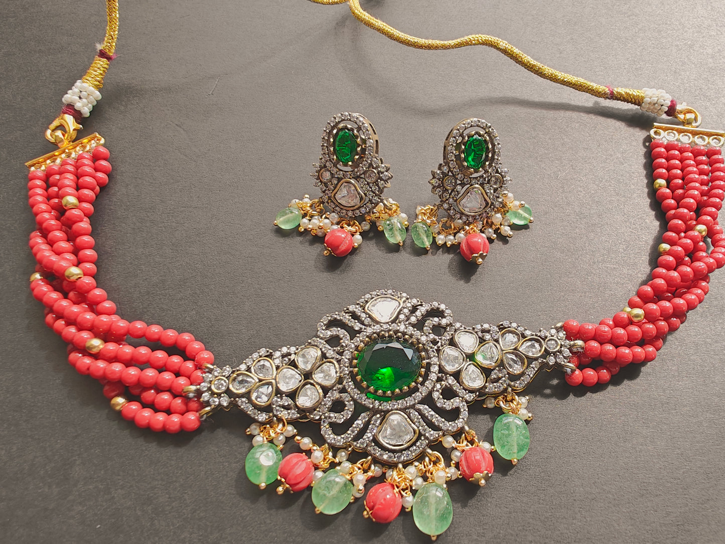 Coral and Emerald Polki Choker Set