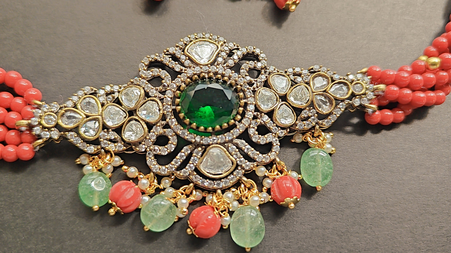 Coral and Emerald Polki Choker Set