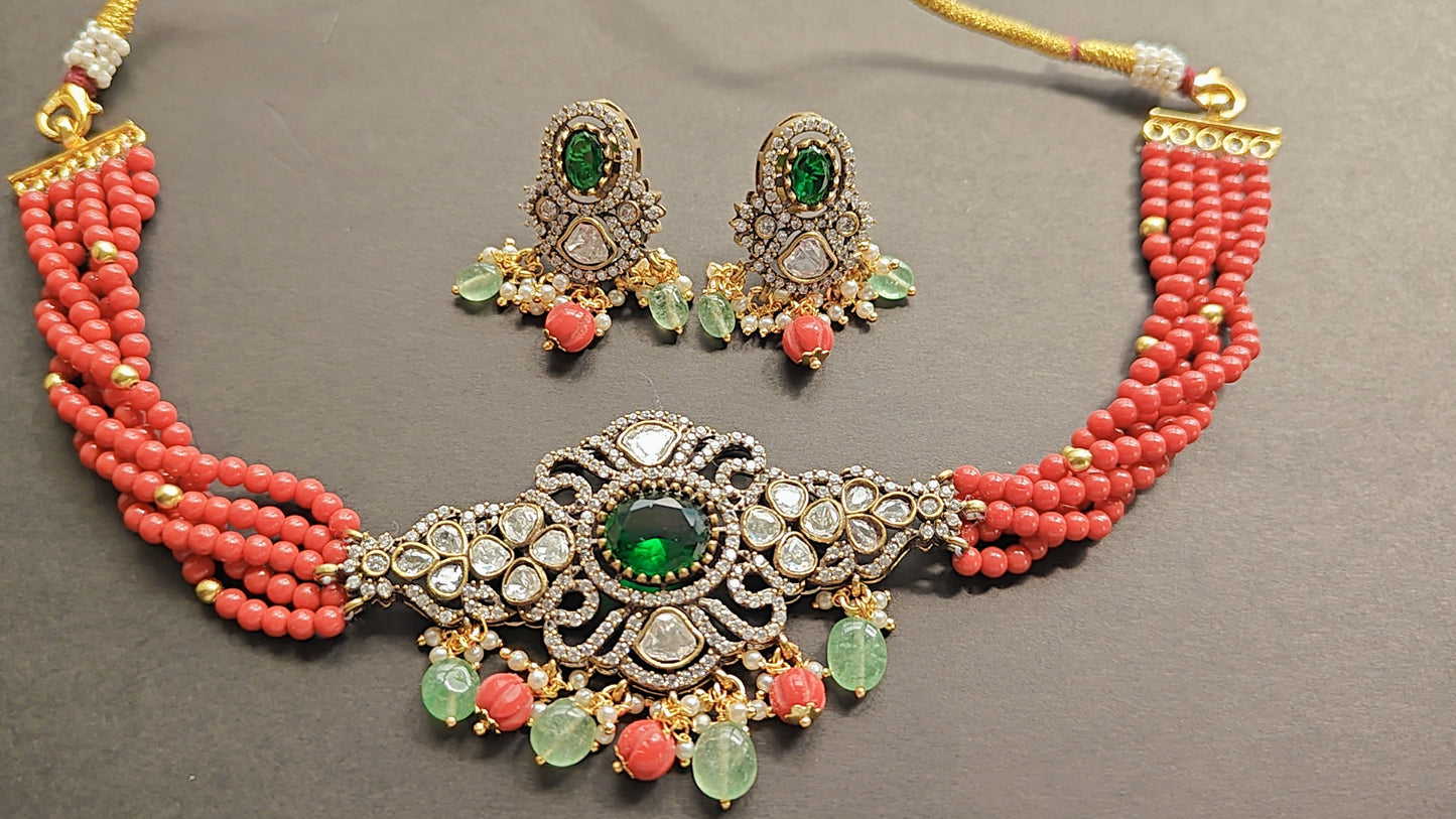 Coral and Emerald Polki Choker Set