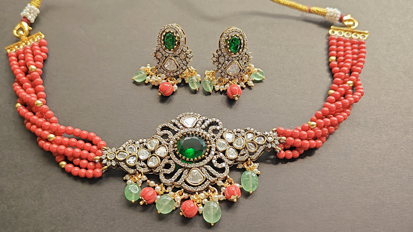 Coral and Emerald Polki Choker Set