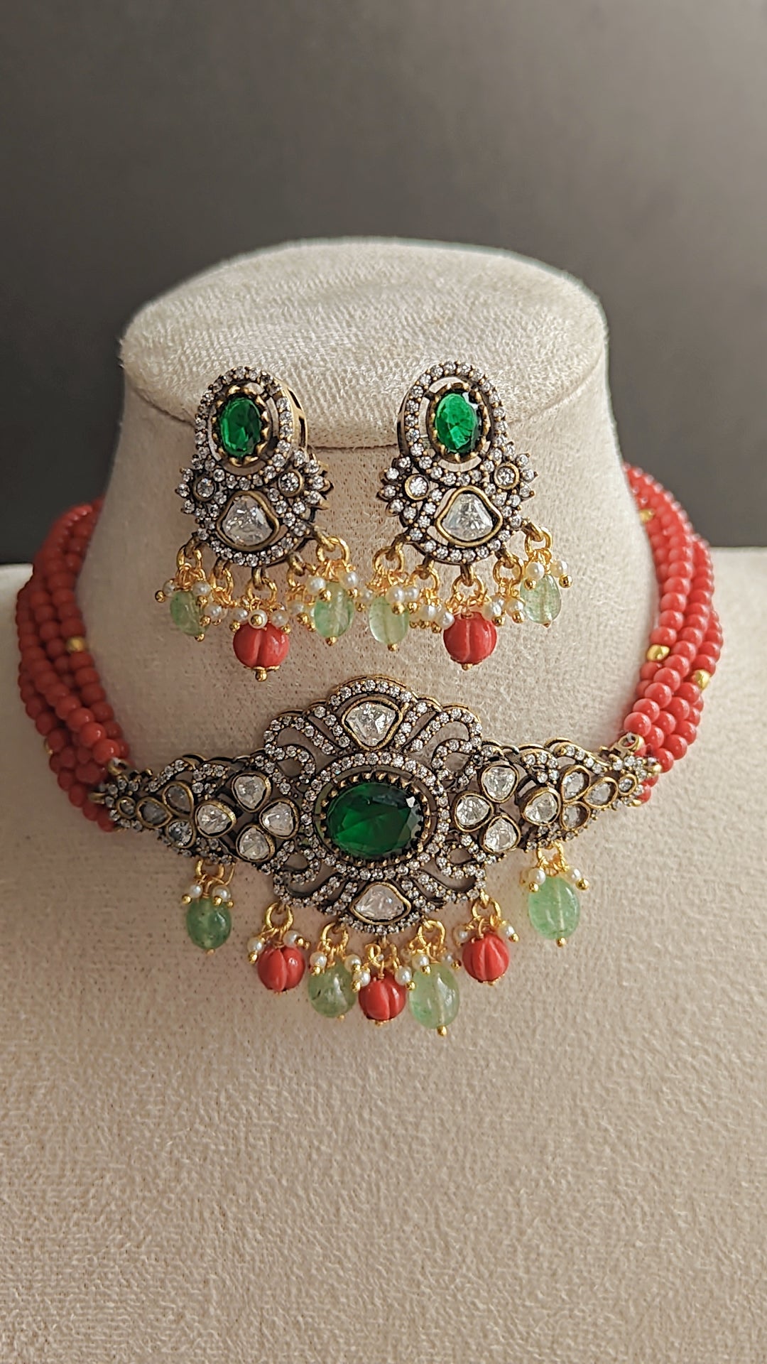 Coral and Emerald Polki Choker Set