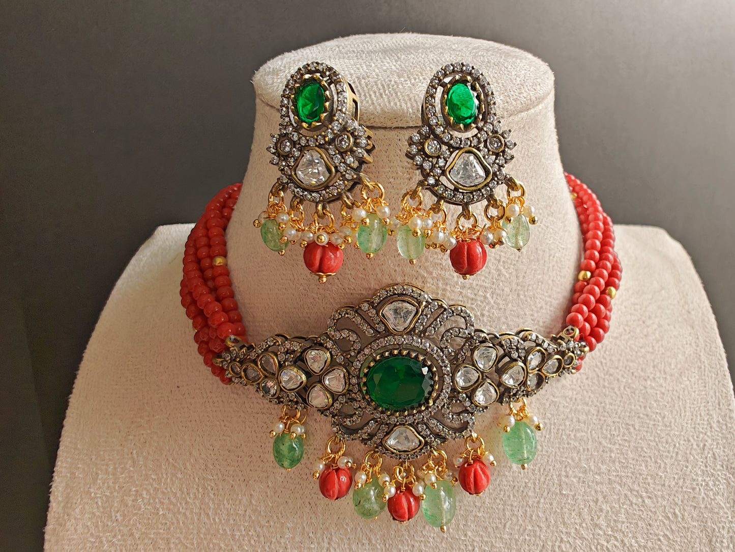 Coral and Emerald Polki Choker Set
