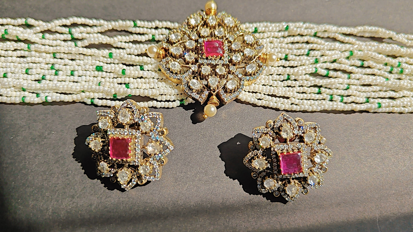 Pearl Choker Set with CZ, Polki & Victorian