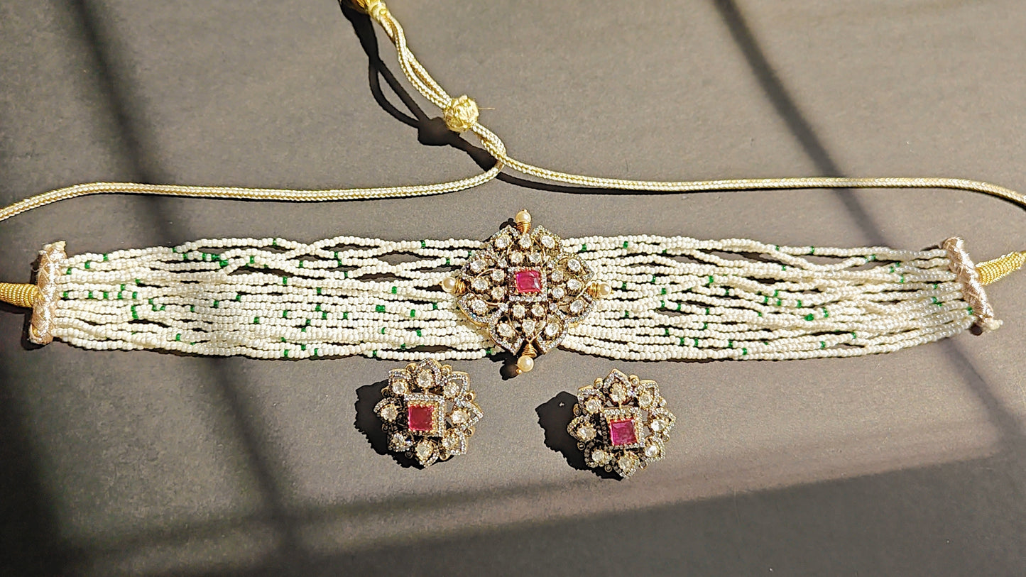 Pearl Choker Set with CZ, Polki & Victorian