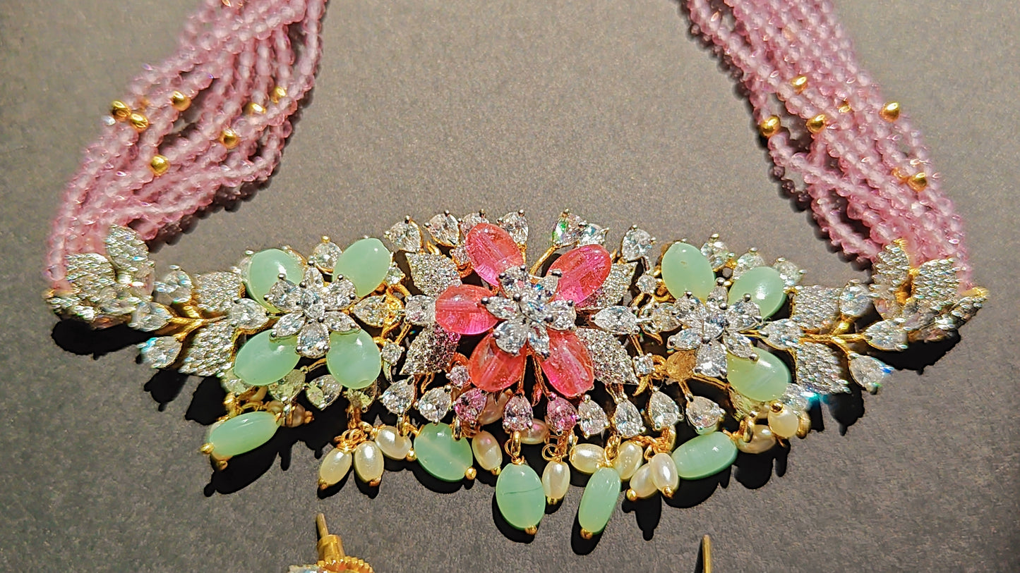 CZ Choker Set with Pearls Beads