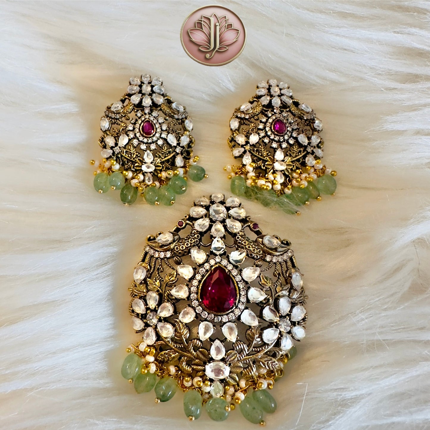 Victorian CZ & Ruby Pendant Set