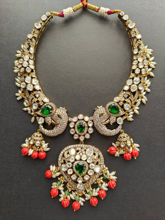 Premium Ethnic Moissanite & Coral Kante Necklace Set with Earrings
