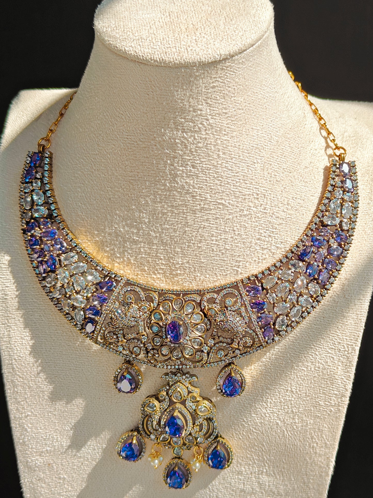 Victorian CZ Kante Necklace – Accented with Purple & White Stones