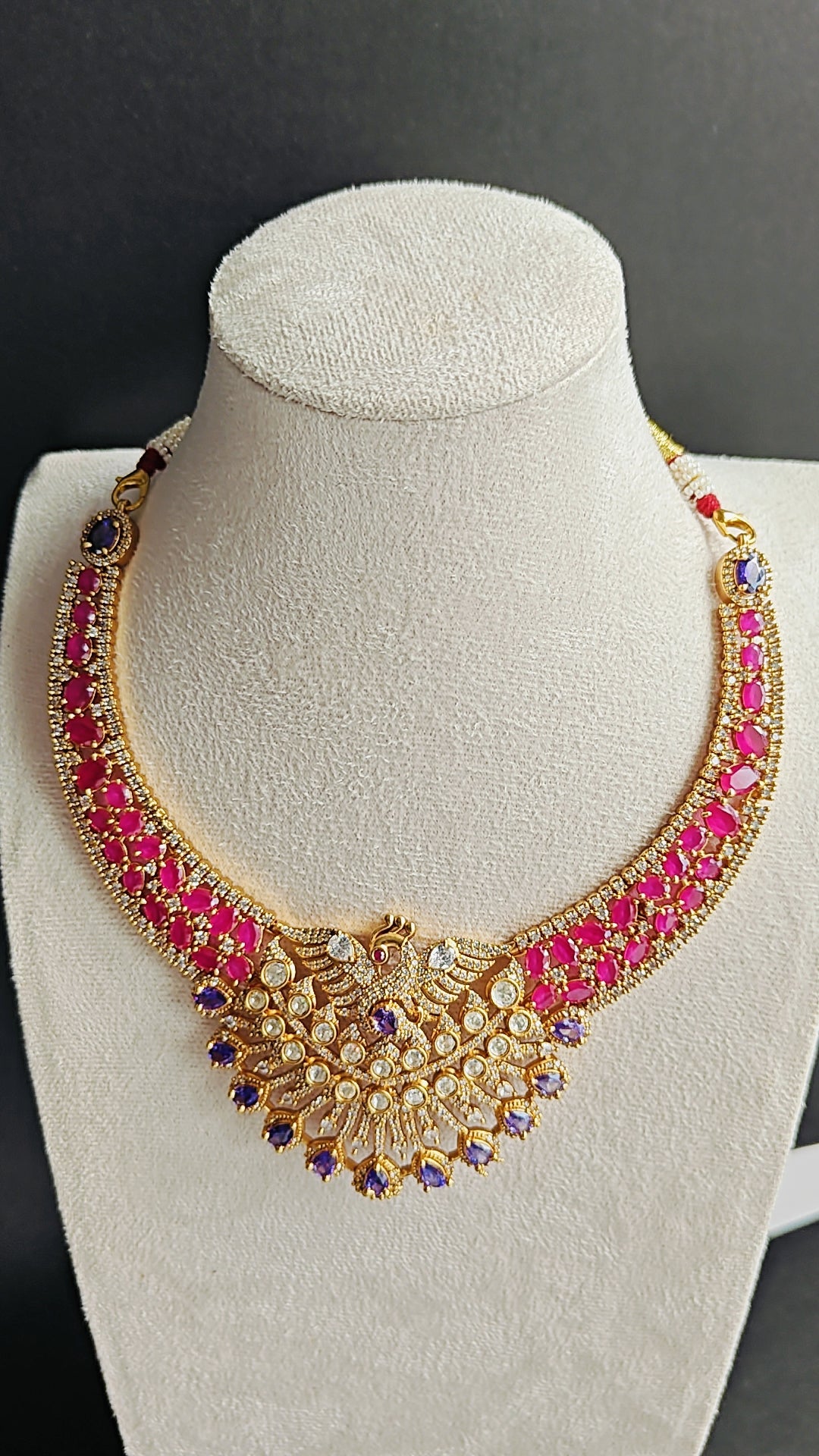 CZ Kante Necklace Set with Earrings – Adorned with Pink, Purple & White Stones