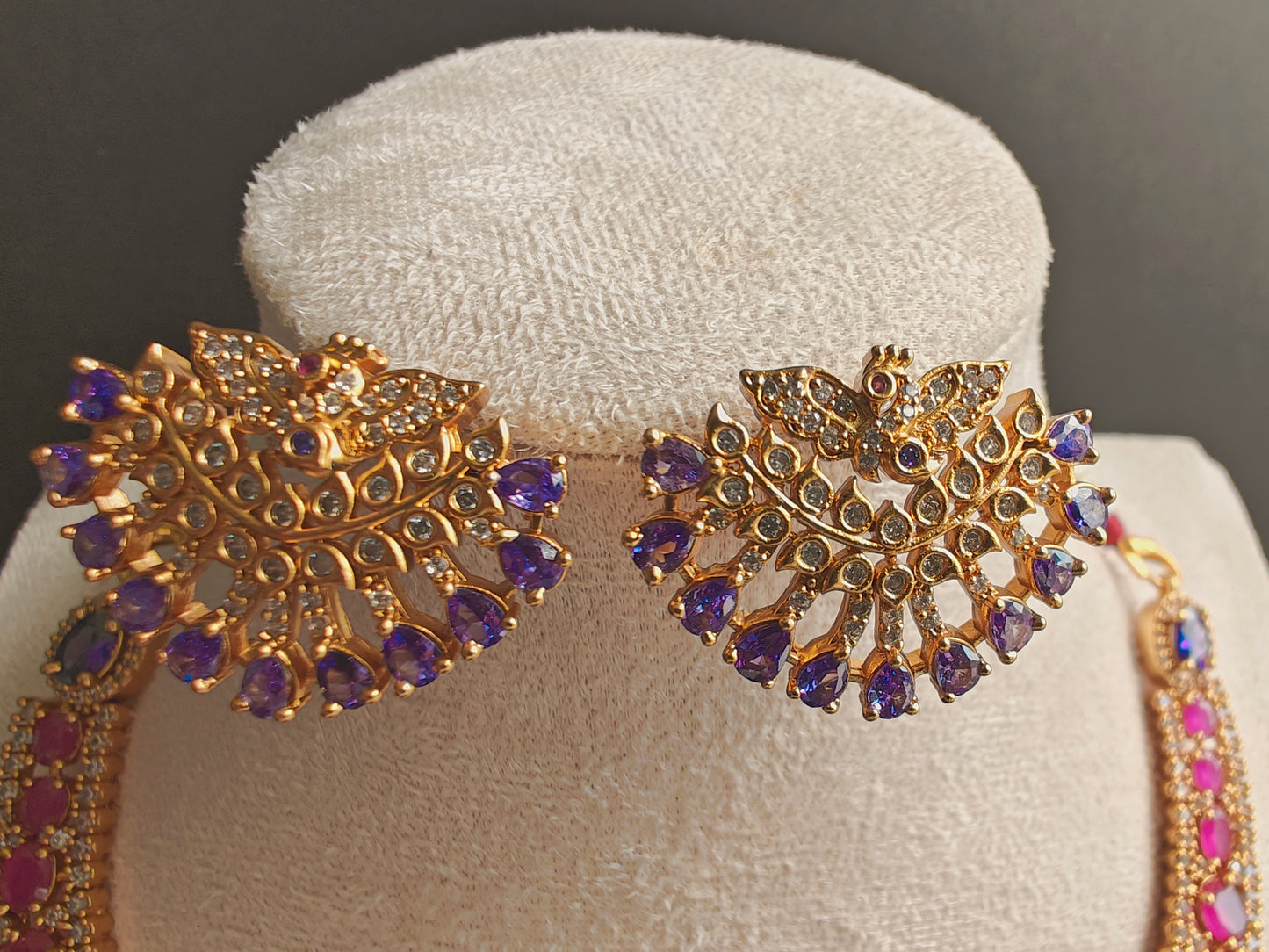 CZ Kante Necklace Set with Earrings – Adorned with Pink, Purple & White Stones