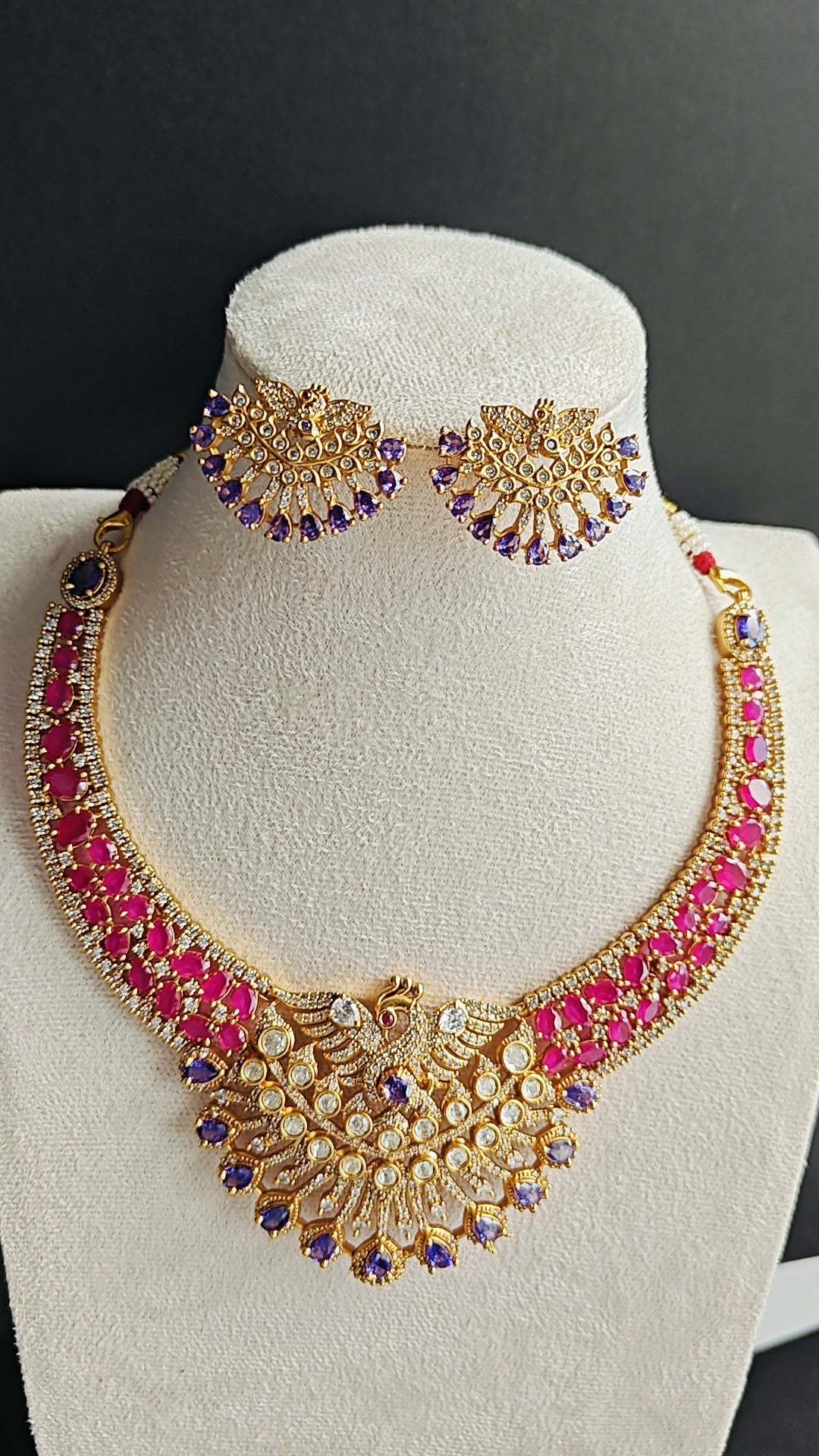CZ Kante Necklace Set with Earrings – Adorned with Pink, Purple & White Stones