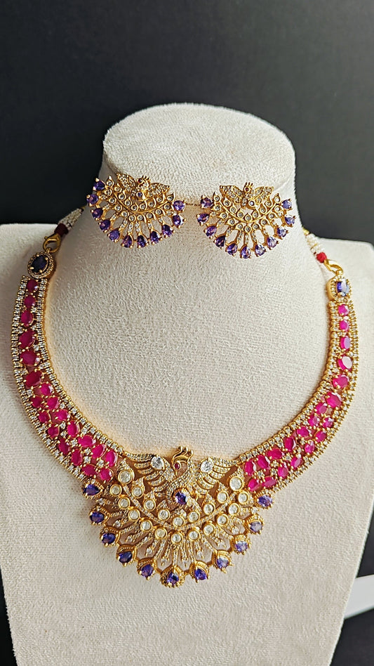 CZ Kante Necklace Set with Earrings – Adorned with Pink, Purple & White Stones