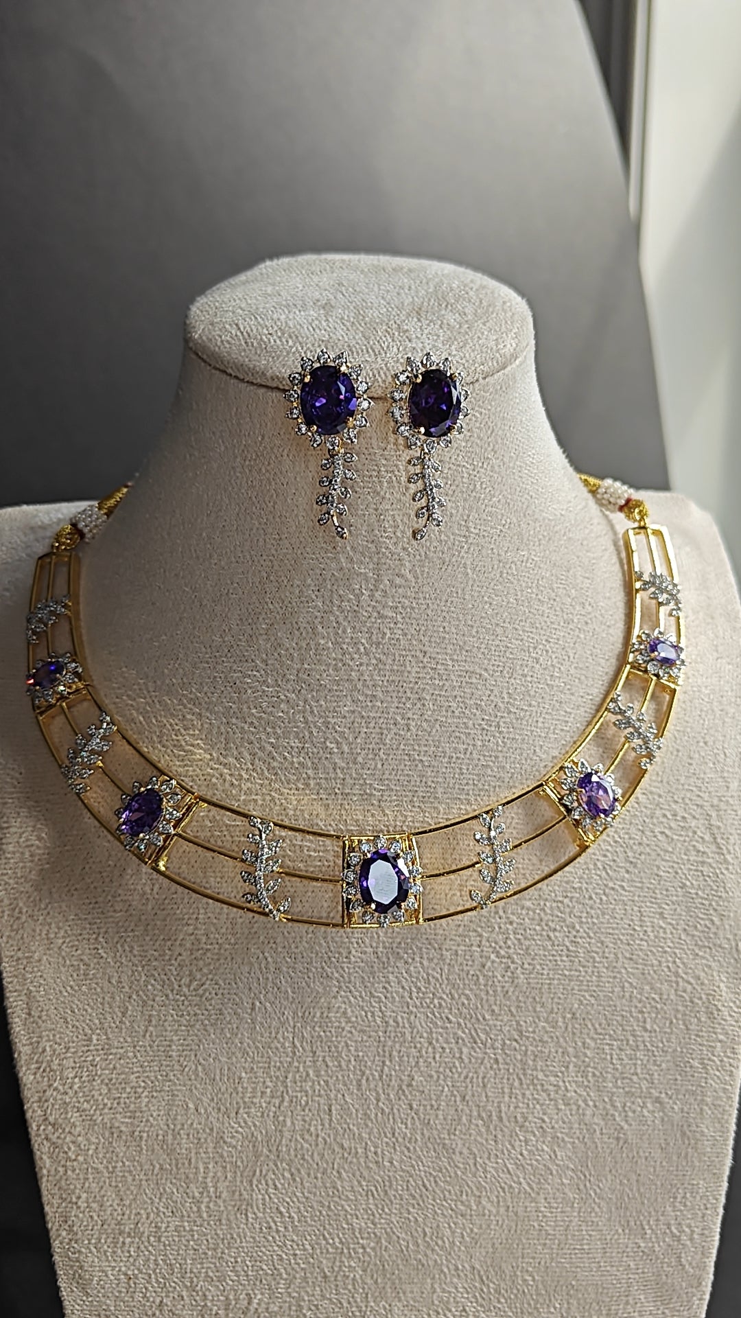 Elegant CZ Purple & White Stone Kante with Earrings