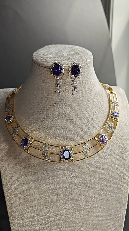 Elegant CZ Purple & White Stone Kante with Earrings