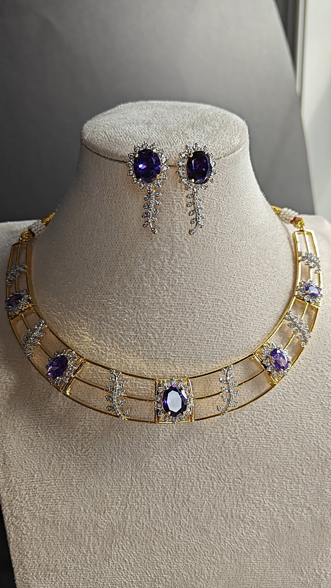 Elegant CZ Purple & White Stone Kante with Earrings