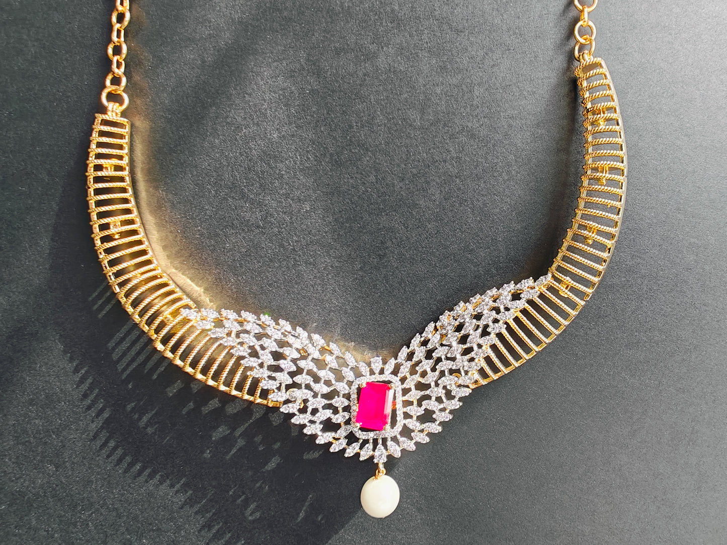 CZ Kante with Red, Green & Blue Stones, Pearls – With Earrings