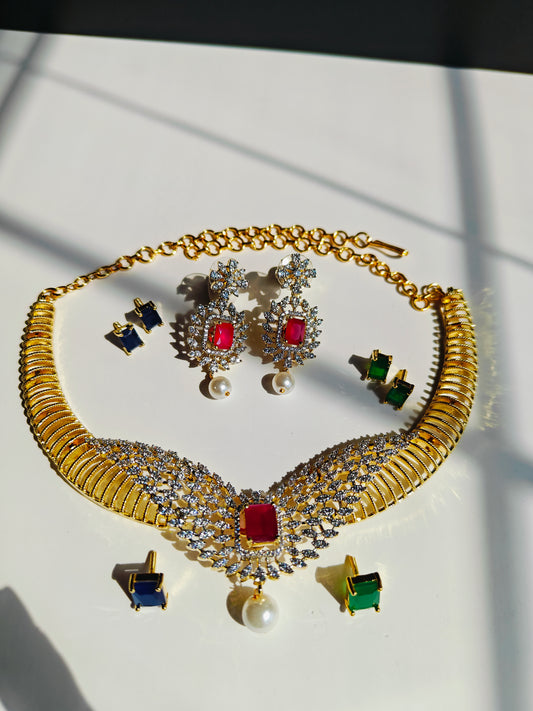 CZ Kante with Red, Green & Blue Stones, Pearls – With Earrings