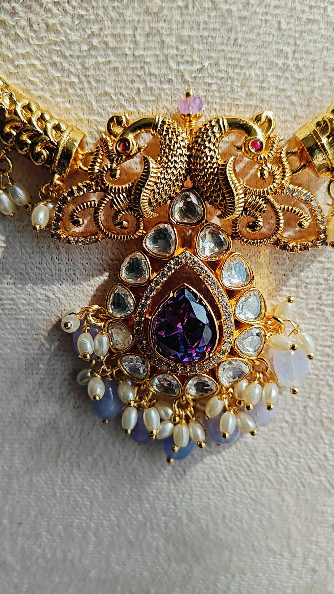 CZ Kante with Purple Stones, White Stones &amp; Pearls – With Earrings