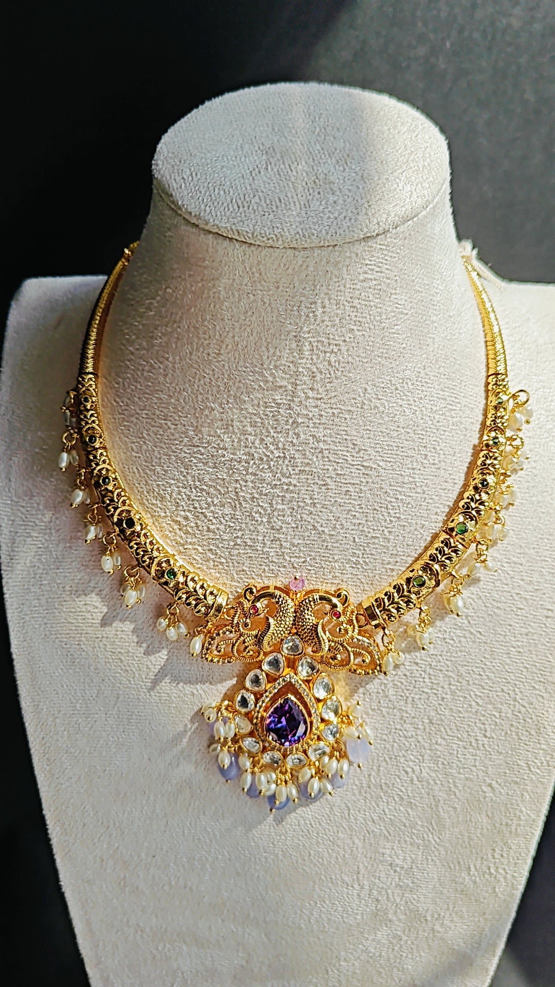 CZ Kante with Purple Stones, White Stones &amp; Pearls – With Earrings