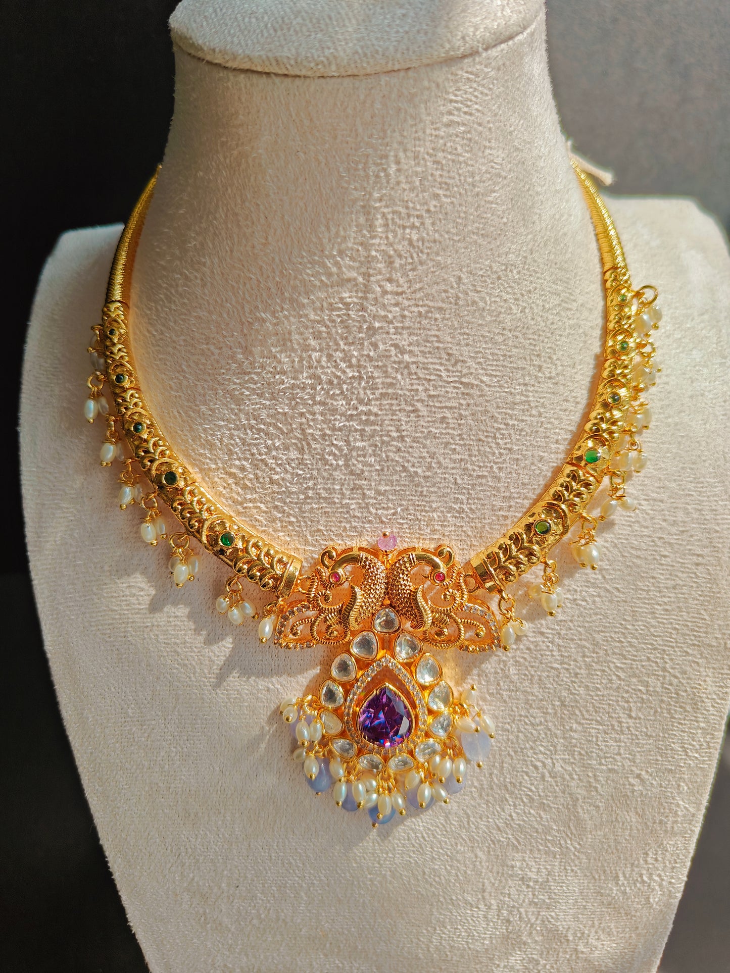 CZ Kante with Purple Stones, White Stones &amp; Pearls – With Earrings