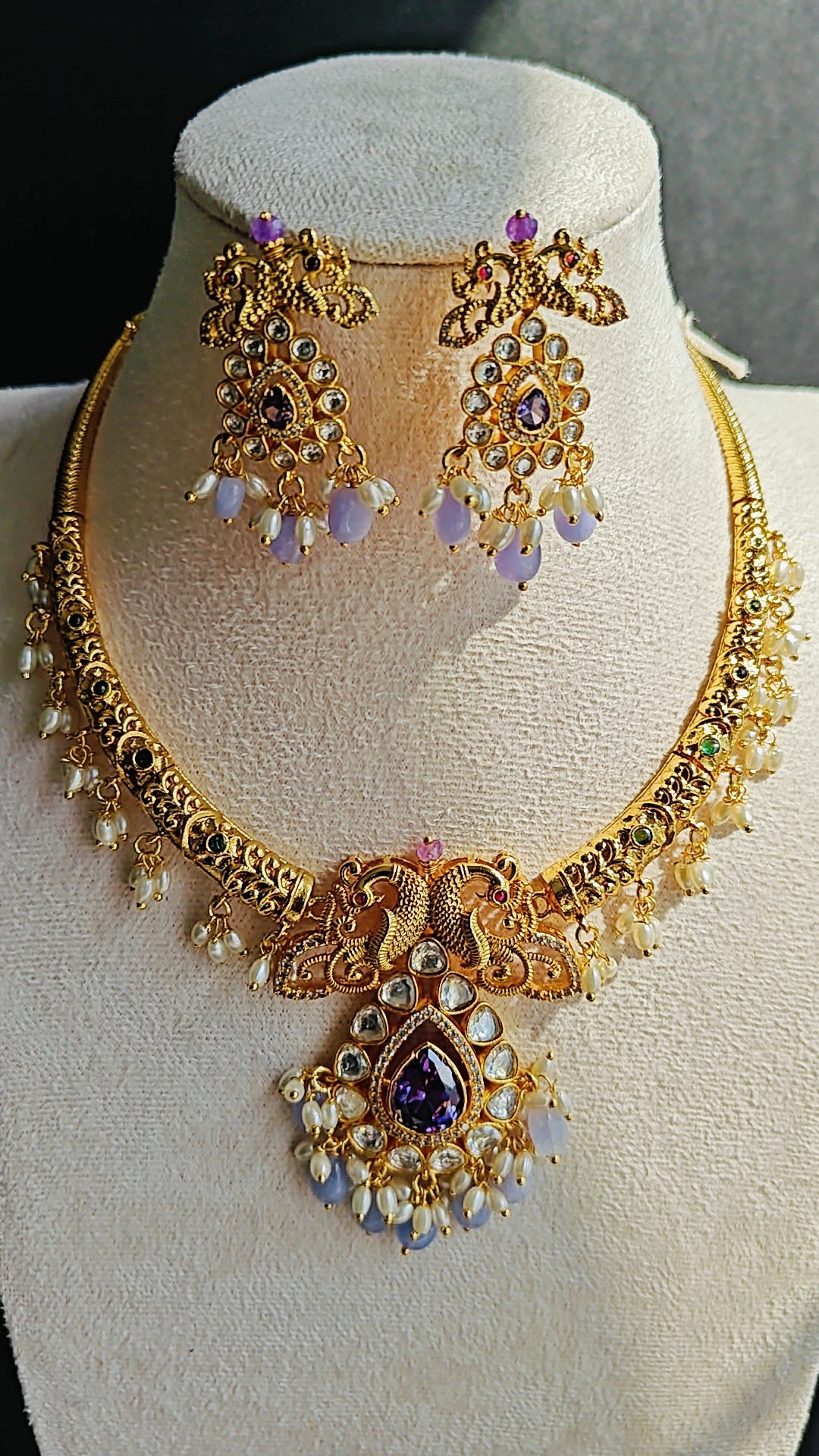 CZ Kante with Purple Stones, White Stones &amp; Pearls – With Earrings