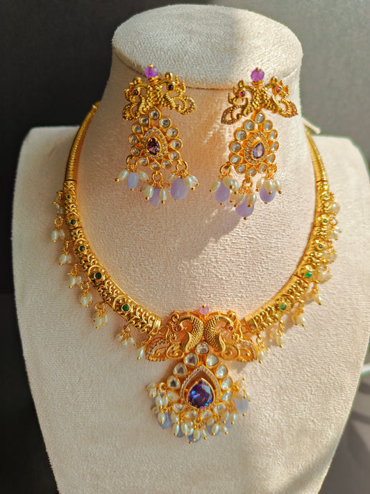 CZ Kante with Purple Stones, White Stones &amp; Pearls – With Earrings