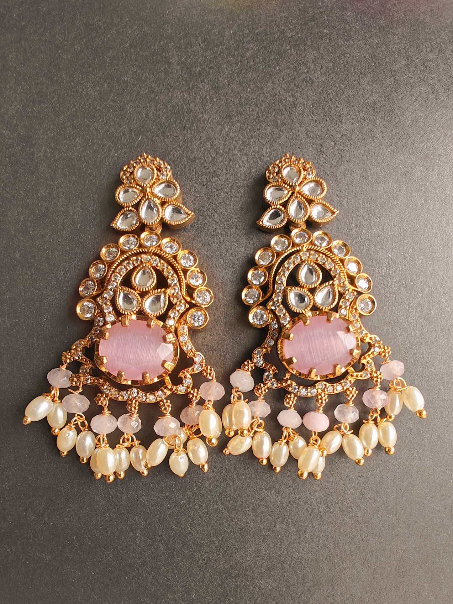 CZ Kante with Rose Stones & Pearls – With Earrings