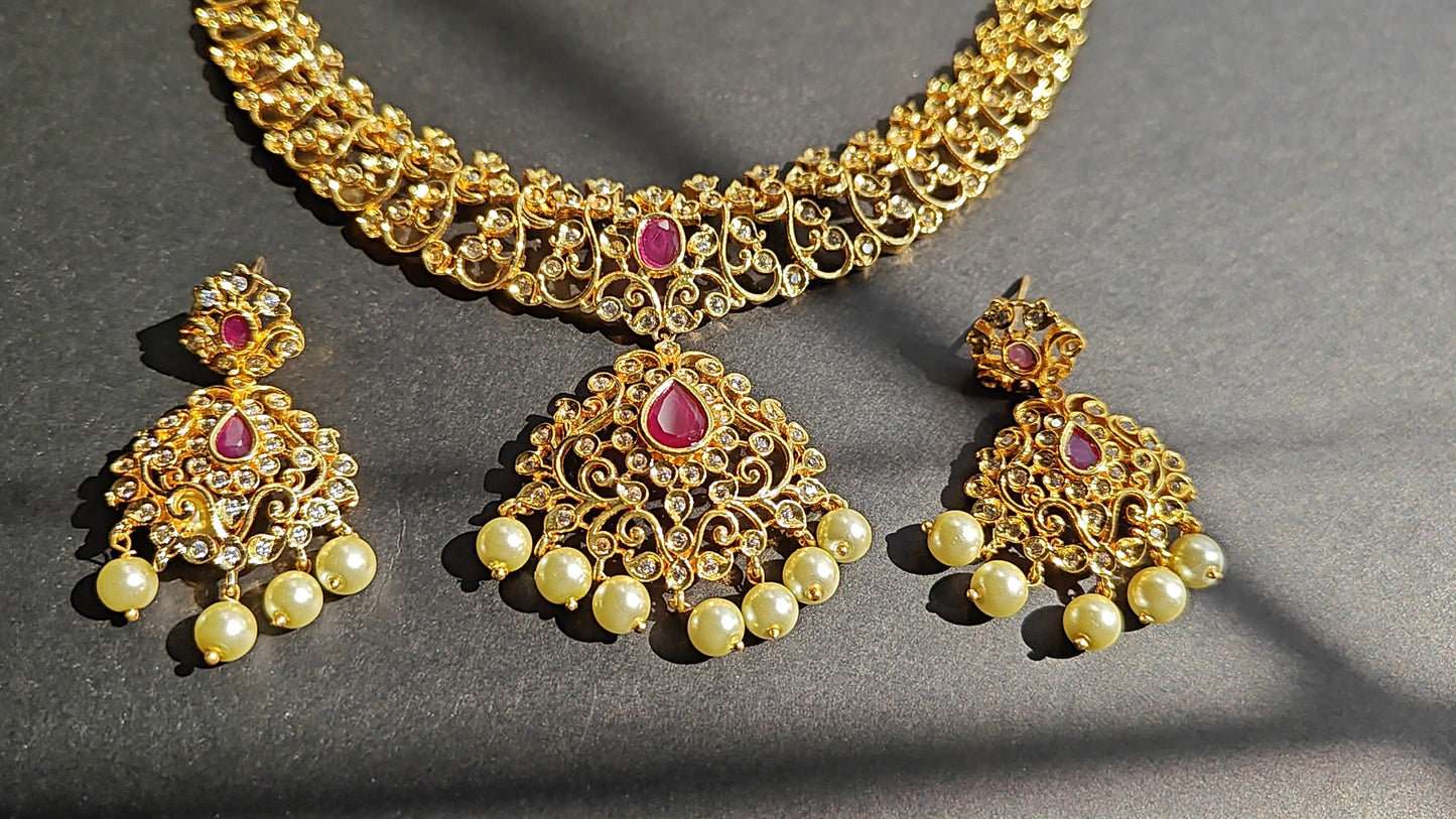 Elegant CZ & Gold Replica Kante with Red, White Stones & Pearls – With Earrings