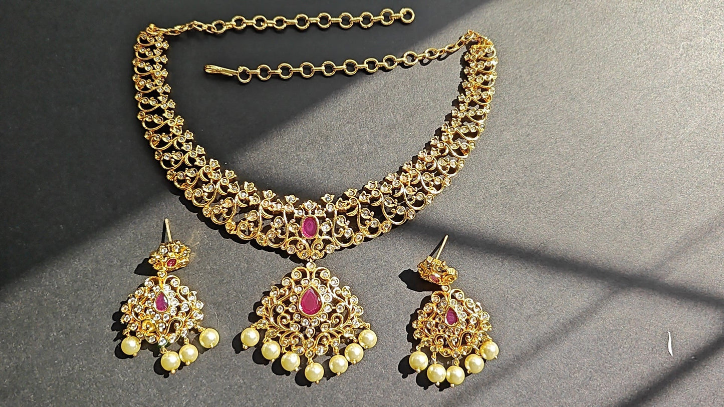 Elegant CZ & Gold Replica Kante with Red, White Stones & Pearls – With Earrings
