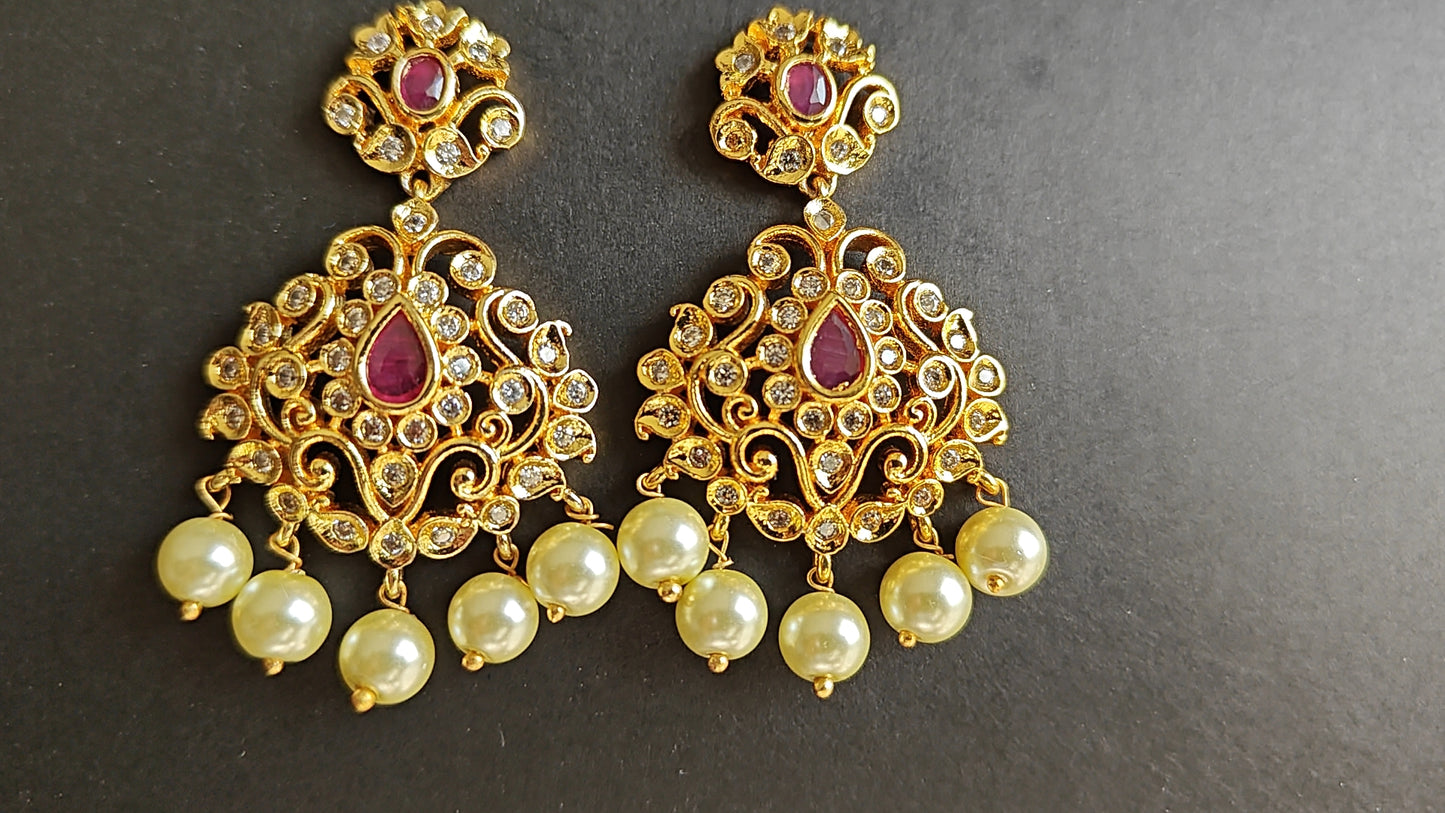 Elegant CZ & Gold Replica Kante with Red, White Stones & Pearls – With Earrings