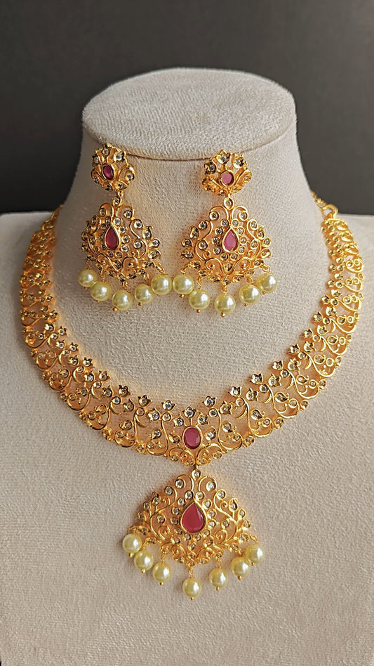 Elegant CZ & Gold Replica Kante with Red, White Stones & Pearls – With Earrings
