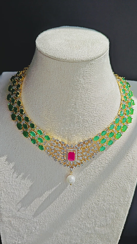 CZ Kante with Green, White & Red Stones, Pearls – With Earrings